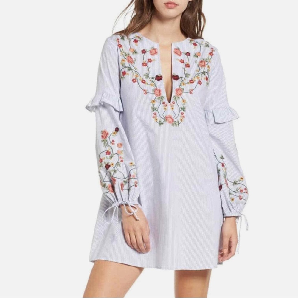 Socialite Embroidered Poplin Dress in Blue, Size S